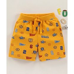 Babyhug Cotton Knit Knee Length Shorts Football Printed - Yellow