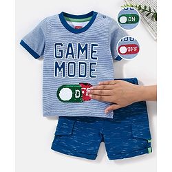 Babyhug 100% Cotton Knit Half Sleeves Striped T-Shirt and Short Set Game Mode Print - Grey Melange & Blue