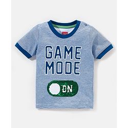 Babyhug 100% Cotton Knit Half Sleeves Striped T-Shirt and Short Set Game Mode Print - Grey Melange & Blue
