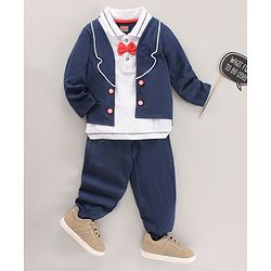 Babyhug Full Sleeves Solid T-Shirt & Jogger Pants Set Bow Applique - Navy Blue