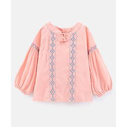 Babyhug Full Sleeves Slub Rayon Woven Top with Argyle Embroidery- Peach