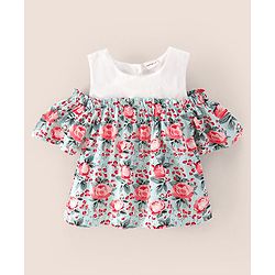 Babyhug Half Sleeves Cold Shoulder Rayon Top With Floral Print - White Mint Aop