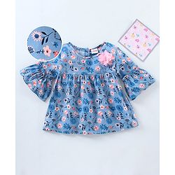 Babyhug Bell Sleeves Rayon Top With Floral Print And Corsage Detailing- Blue