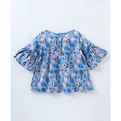 Babyhug Bell Sleeves Rayon Top With Floral Print And Corsage Detailing- Blue