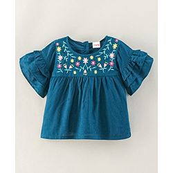 Babyhug Rayon Flutter Sleeves Woven Top with Floral Embroidery & Frill Detailing- Teal Blue