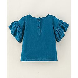 Babyhug Rayon Flutter Sleeves Woven Top with Floral Embroidery & Frill Detailing- Teal Blue