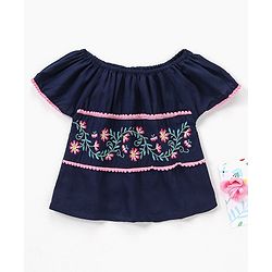 Babyhug Rayon Half Sleeves Top With Floral Embroidery & Pom Pom Lace Detailing - Navy Blue