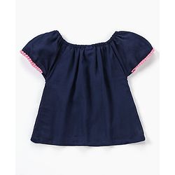Babyhug Rayon Half Sleeves Top With Floral Embroidery & Pom Pom Lace Detailing - Navy Blue