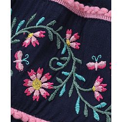 Babyhug Rayon Half Sleeves Top With Floral Embroidery & Pom Pom Lace Detailing - Navy Blue