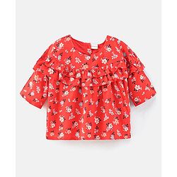 Babyhug Three Fourth Sleeves Rayon Top With Floral Print & Frill Detailing - Red