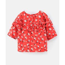 Babyhug Three Fourth Sleeves Rayon Top With Floral Print & Frill Detailing - Red