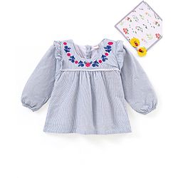 Babyhug Full Sleeves Yarn Dyed Striped Cotton Cambric Top With Floral Embroidery Lace & Frill Detailing - Blue Stripes