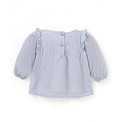 Babyhug Full Sleeves Yarn Dyed Striped Cotton Cambric Top With Floral Embroidery Lace & Frill Detailing - Blue Stripes