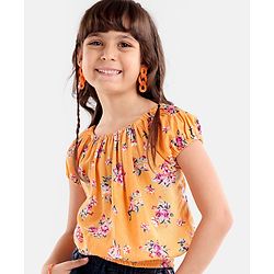 Babyhug Cap Sleeves Off Shoulder Rayon Top With Floral Print & Smocking - Mustard