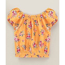 Babyhug Cap Sleeves Off Shoulder Rayon Top With Floral Print & Smocking - Mustard