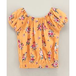 Babyhug Cap Sleeves Off Shoulder Rayon Top With Floral Print & Smocking - Mustard