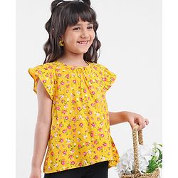Babyhug Half Sleeves Rayon Woven Floral Print Top with Frill Detailing - Mustard Yellow