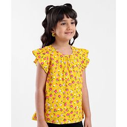 Babyhug Half Sleeves Rayon Woven Floral Print Top with Frill Detailing - Mustard Yellow