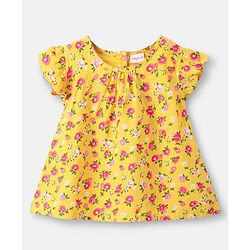 Babyhug Half Sleeves Rayon Woven Floral Print Top with Frill Detailing - Mustard Yellow