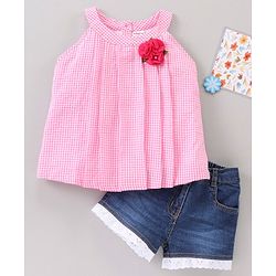 Babyhug Sleeveless Cotton Woven to Denim Top and Bottom Wear Set Checkered Flower Applique - Pink Blue