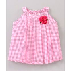 Babyhug Sleeveless Cotton Woven to Denim Top and Bottom Wear Set Checkered Flower Applique - Pink Blue