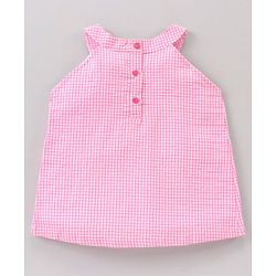 Babyhug Sleeveless Cotton Woven to Denim Top and Bottom Wear Set Checkered Flower Applique - Pink Blue