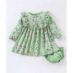 Babyhug 100% Cotton Full Sleeves Frock With Bloomer  Floral Print- Mint