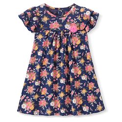 Babyhug 100% Cotton Half Sleeves Frock Floral Print- Navy Blue