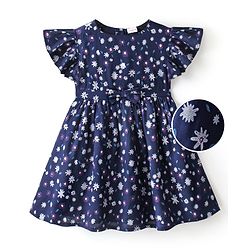Babyhug 100% Rayon Short Cap Sleeves Floral Print Yarndyed Frock with Bow Applique - Navy Blue