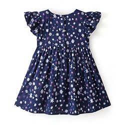 Babyhug 100% Rayon Short Cap Sleeves Floral Print Yarndyed Frock with Bow Applique - Navy Blue