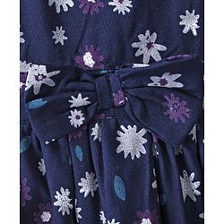 Babyhug 100% Rayon Short Cap Sleeves Floral Print Yarndyed Frock with Bow Applique - Navy Blue