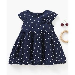 Babyhug Rayon Cap Sleeves Polka Dots Printed Woven Frock With Bow Applique - Navy Blue