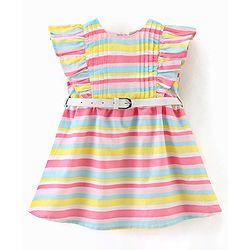 Babyhug 100% Cotton Woven Frill Sleeves Striped Frock with Waist Belt - Multicolour