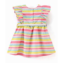 Babyhug 100% Cotton Woven Frill Sleeves Striped Frock with Waist Belt - Multicolour