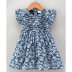 Babyhug 100 % Cotton Frill Sleeves Frock Floral Print - Navy Blue