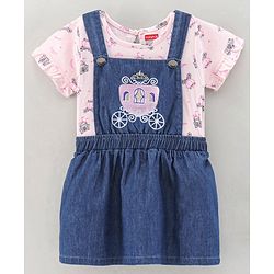 Babyhug Denim Dungaree Style Frock With Cotton Half Sleeves Tee Multi Print - Blue Pink