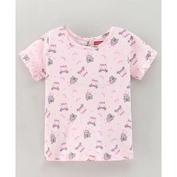 Babyhug Denim Dungaree Style Frock With Cotton Half Sleeves Tee Multi Print - Blue Pink