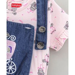 Babyhug Denim Dungaree Style Frock With Cotton Half Sleeves Tee Multi Print - Blue Pink