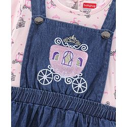Babyhug Denim Dungaree Style Frock With Cotton Half Sleeves Tee Multi Print - Blue Pink