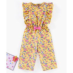 Babyhug 100% Cotton Knit Sleeveless Jumpsuit Flower And Butterfly Print - Yellow