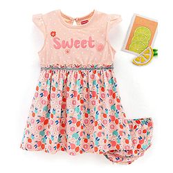 Babyhug 100%Cotton Cap Sleeves Frock With Bloomer Fruits Print - Light Pink