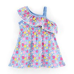 Babyhug 100% Cotton One Shoulder Printed Frock - Blue