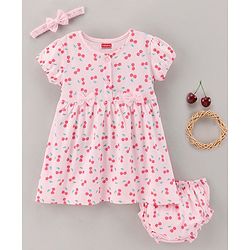 Babyhug 100% Cotton Cap Sleeves Frock With Bloomer & Headband Cherry Print- Pink