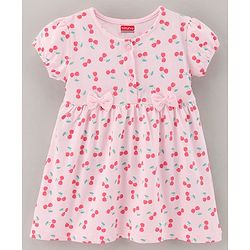 Babyhug 100% Cotton Cap Sleeves Frock With Bloomer & Headband Cherry Print- Pink