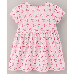 Babyhug 100% Cotton Cap Sleeves Frock With Bloomer & Headband Cherry Print- Pink