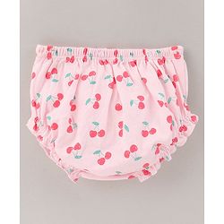 Babyhug 100% Cotton Cap Sleeves Frock With Bloomer & Headband Cherry Print- Pink