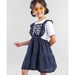 Babyhug Cotton Sleeveless Frock With Half Sleeves Top Floral & Dobby Embroidery - Navy Blue