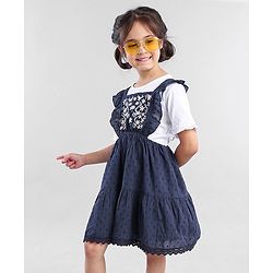 Babyhug Cotton Sleeveless Frock With Half Sleeves Top Floral & Dobby Embroidery - Navy Blue