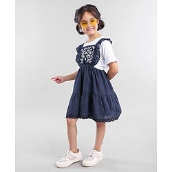 Babyhug Cotton Sleeveless Frock With Half Sleeves Top Floral & Dobby Embroidery - Navy Blue
