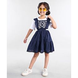 Babyhug Cotton Sleeveless Frock With Half Sleeves Top Floral & Dobby Embroidery - Navy Blue